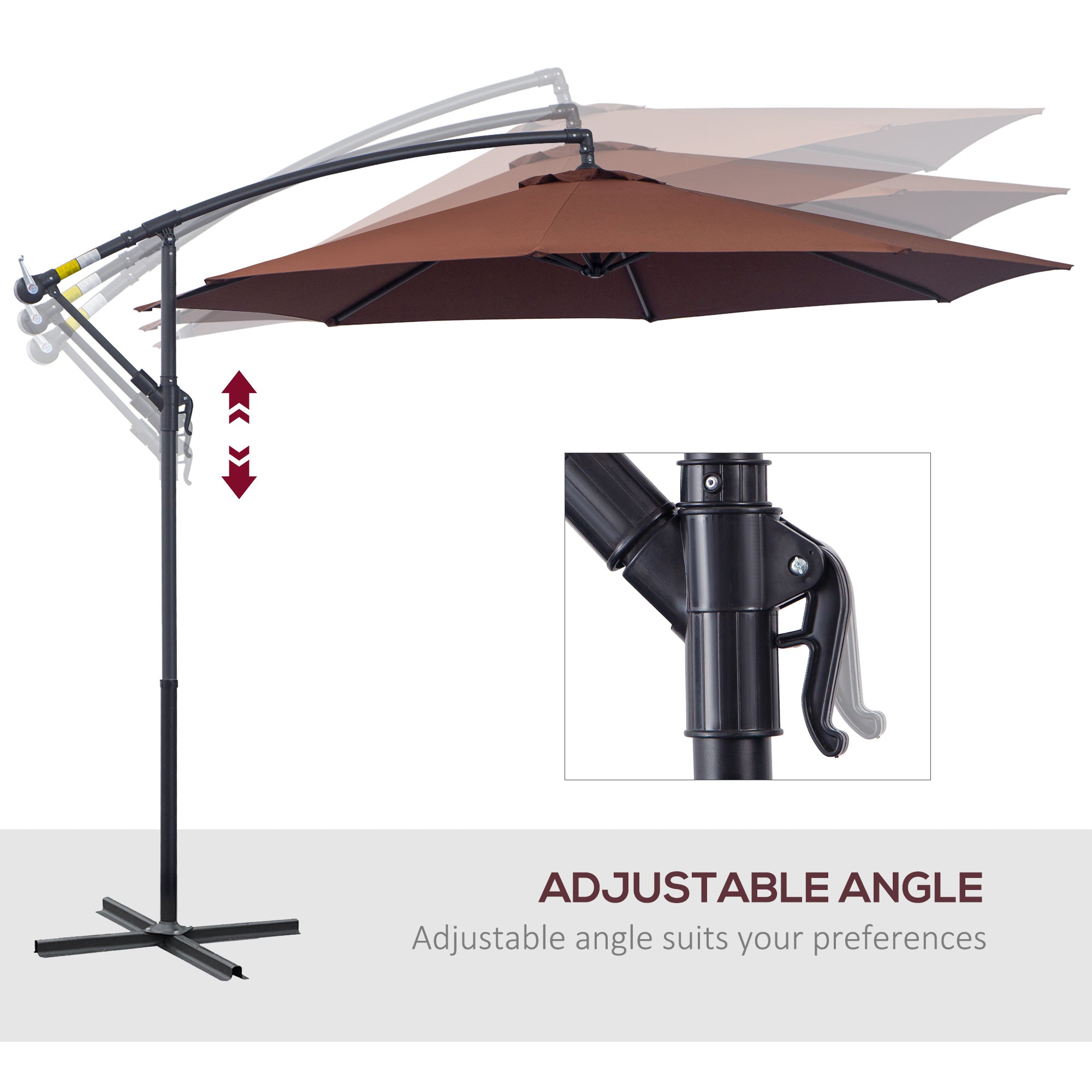 Outsunny Offset Patio Umbrella: Φ10' Deluxe Outdoor Banana Hanging Parasol with Sunshade, Crank & Base, Coffee 