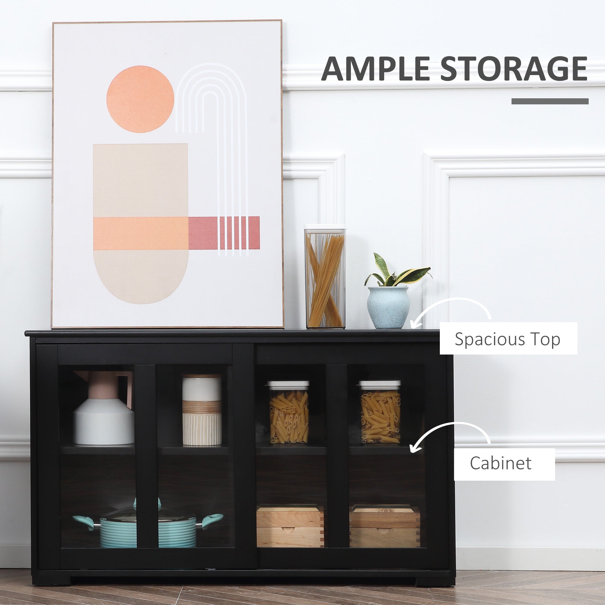 HOMCOM Black Stackable Bar Cabinet: Modern Kitchen Sideboard, Sliding Glass Door Console, Cupboard Serving Buffet 