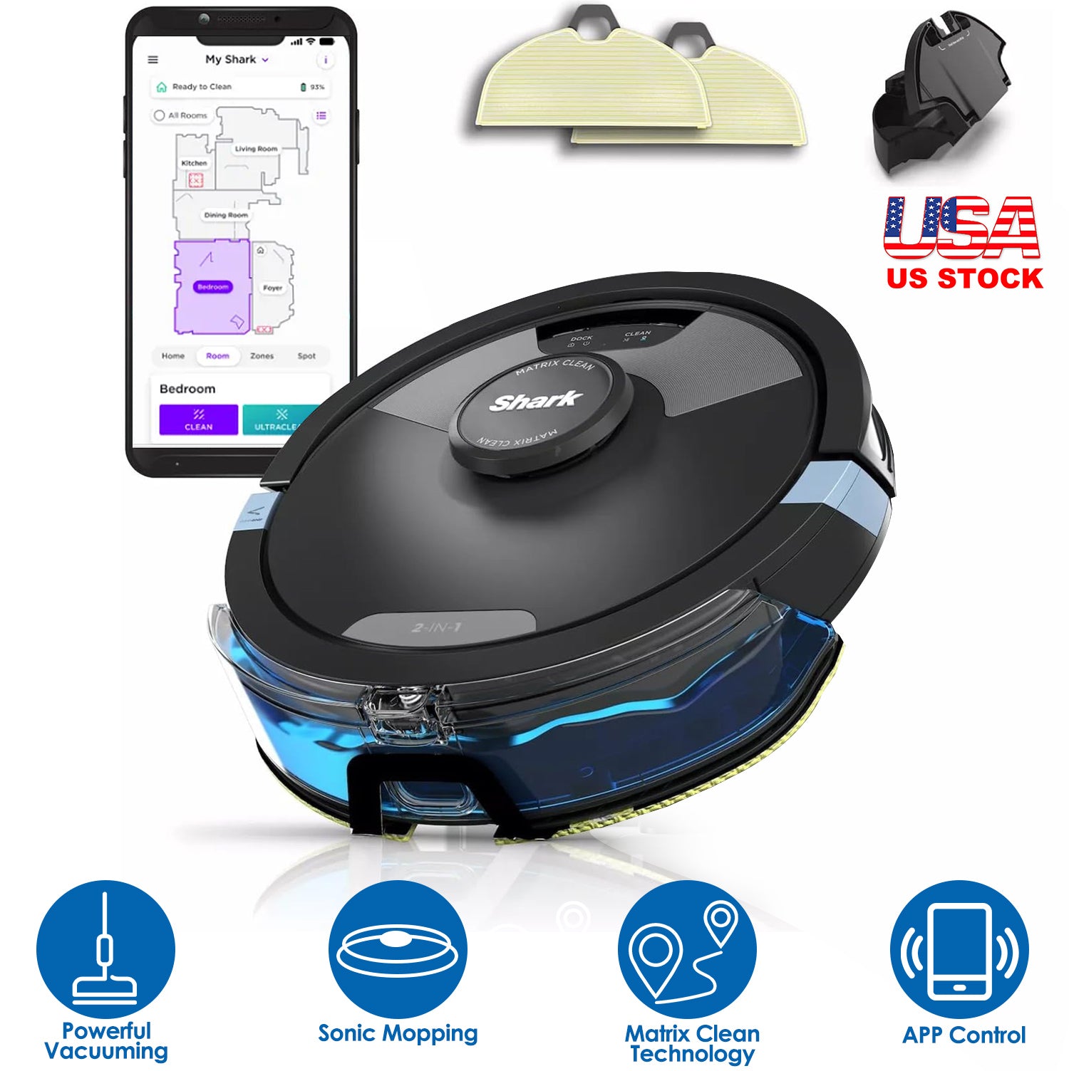 Shark RV2610WA 2-in-1 AI Robot Vacuum & Mop Matrix Robot Vacuum Cleaner with Sonic Mopping APP Control Black Refurbished