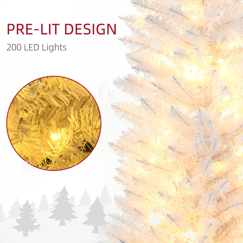 HOMCOM 7ft Pencil Christmas Tree, Slim Artificial Christmas Tree with Realistic Branches and Warm White LED Lights, White