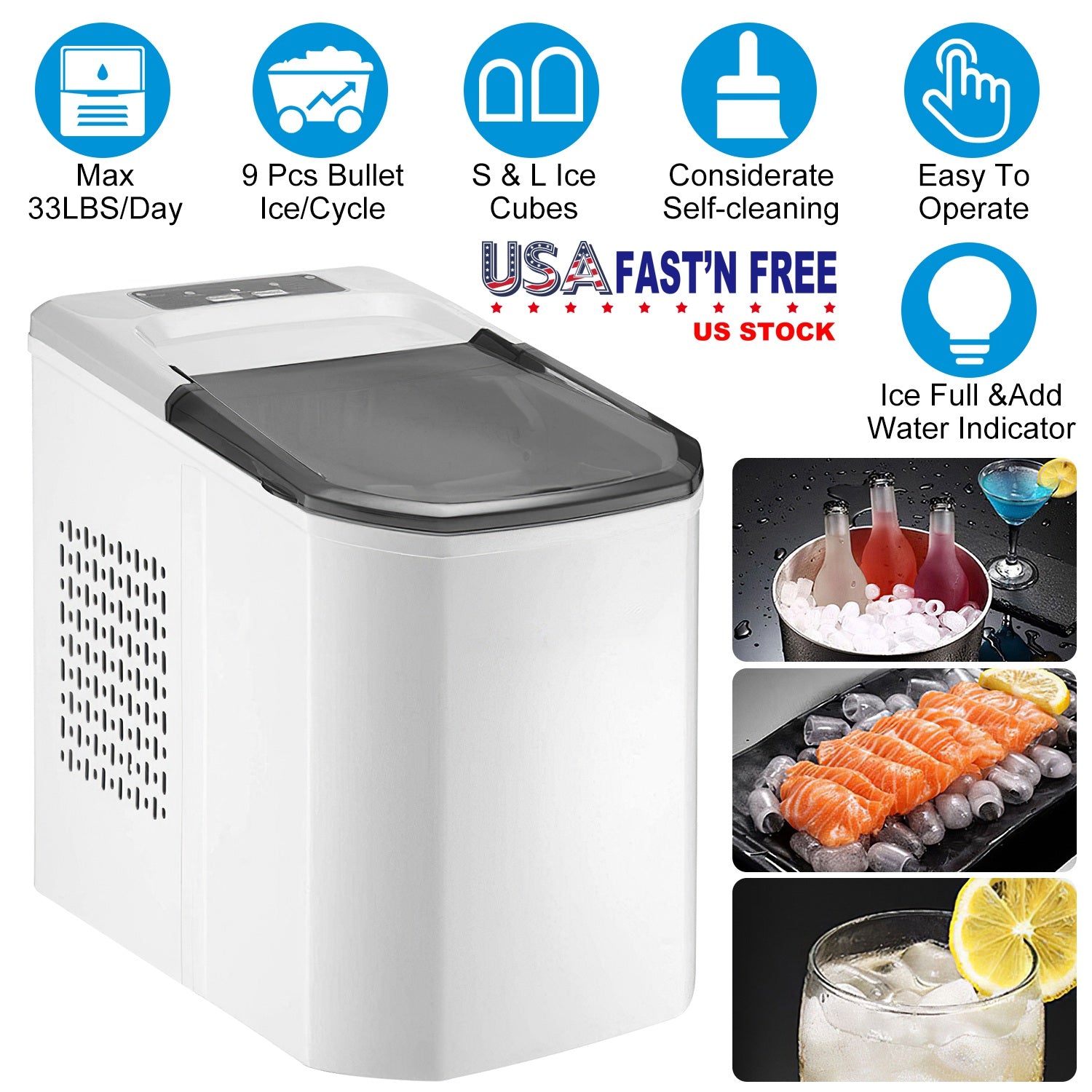 Electric Countertop Ice Maker with Ice Scoop Basket Self-cleaning Max 33LBS/24Hrs Ice Making Machine Bullet Ice Machine for Home Kitchen Office Party