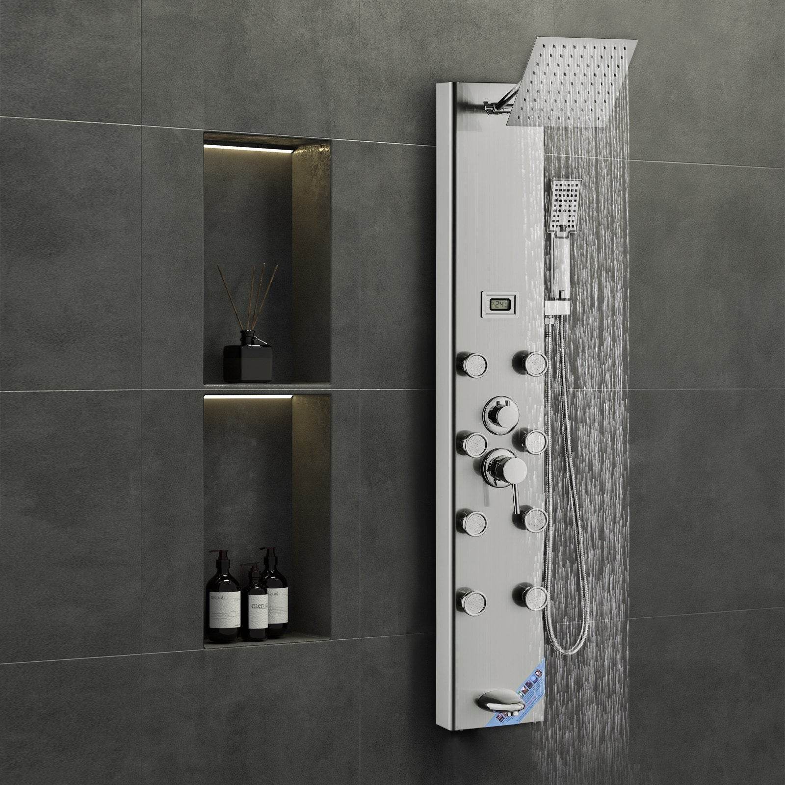 Shower Panel System, 5 Shower Modes, Digital Display Shower Panel Tower, Rainfall, 8 Massage Jets, Tub Spout, 3-Setting Handheld Shower Head 59 Hose, Stainless Steel Wall-Mounted Shower Set 