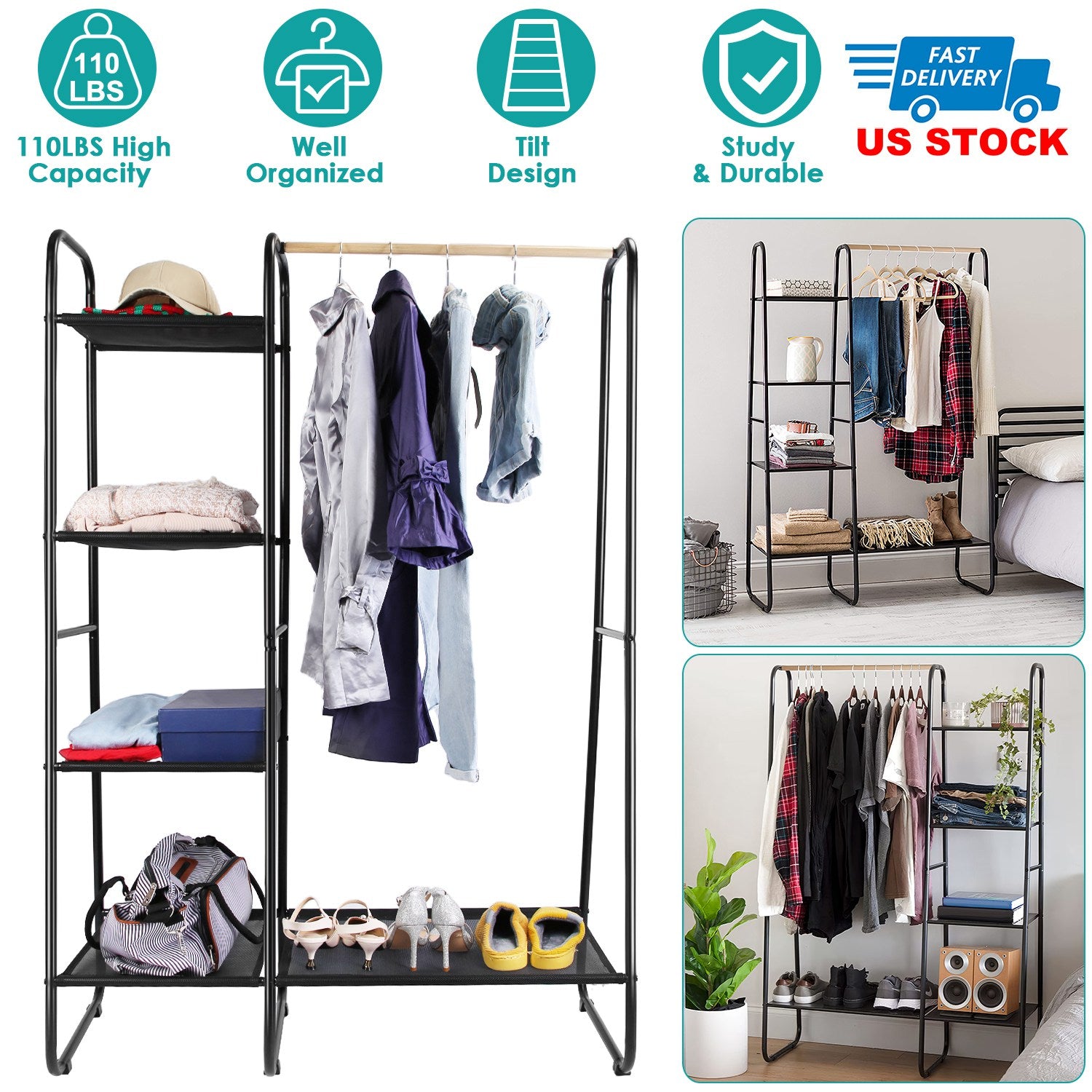 Metal Garment Hanging Rack Shoe Clothing Organizer Shelves Freestanding Clothing Hanging Rail Clothes Wardrobe Shoe Display Organizer with 1 Hanging R 