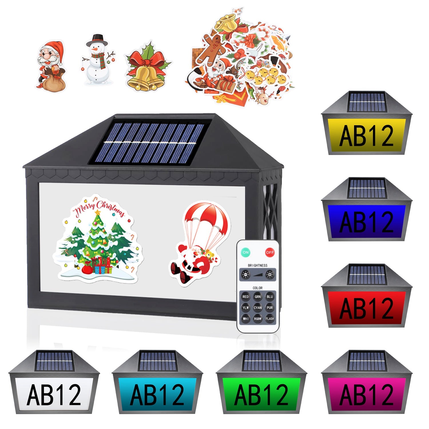 Christmas Solar Address Sign IP55 Waterproof Colorful House Numbers Plaque Wall Mounted LED Address Sign with 9 Lighting Modes Remote Control for Yard