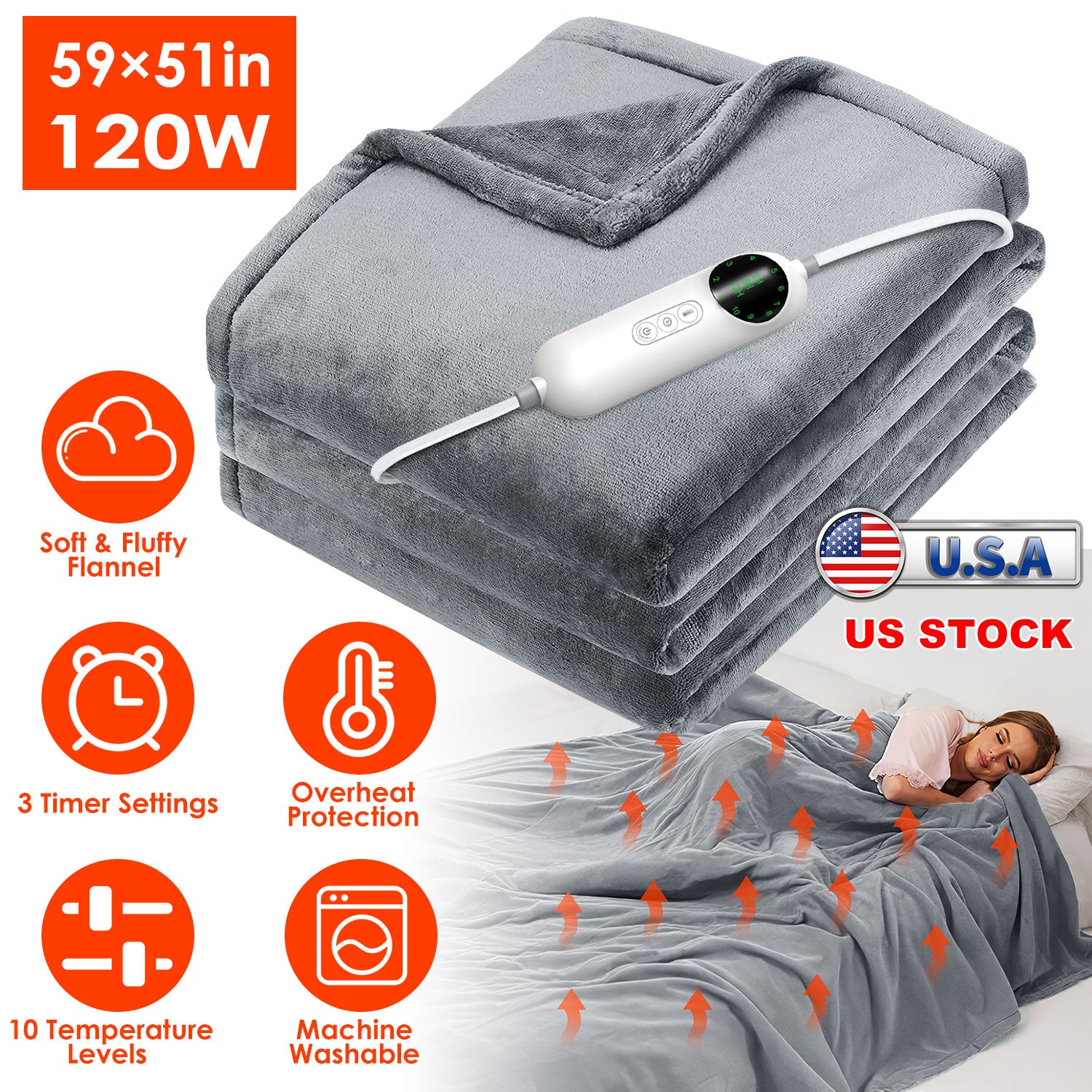 Electric Heated Throw Flannel Heated Blanket with 10 Heat Settings Auto off Washable for Home Office Usage 59x51in