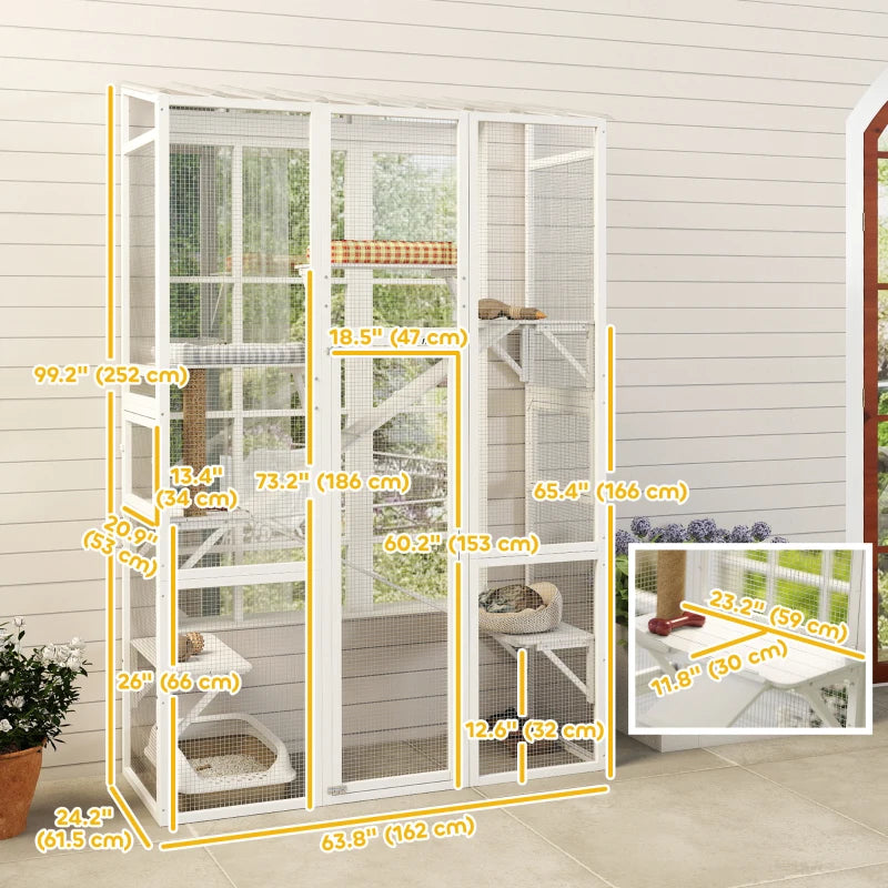 Wooden Catio Outdoor Cat Enclosure with 6 Jumping Platforms, Scratching Post, 2 Ramps, Waterproof Roof, White