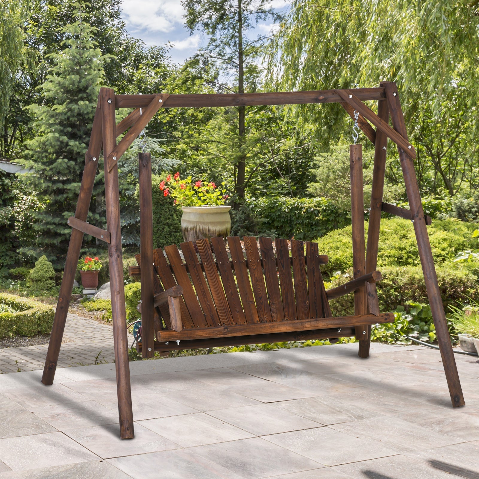Outsunny Freestanding 6.5' Wooden Loveseat Traditional Farmhouse Style Log Swing Carbonized 
