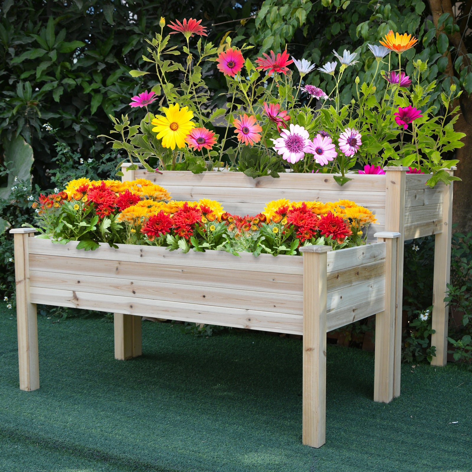 Outsunny 2-Piece Solid Fir Wood Plant Raised Bed, Flower Vegetable Herb Grow Box Stand, Garden Step Planter Stand, Free Combination 