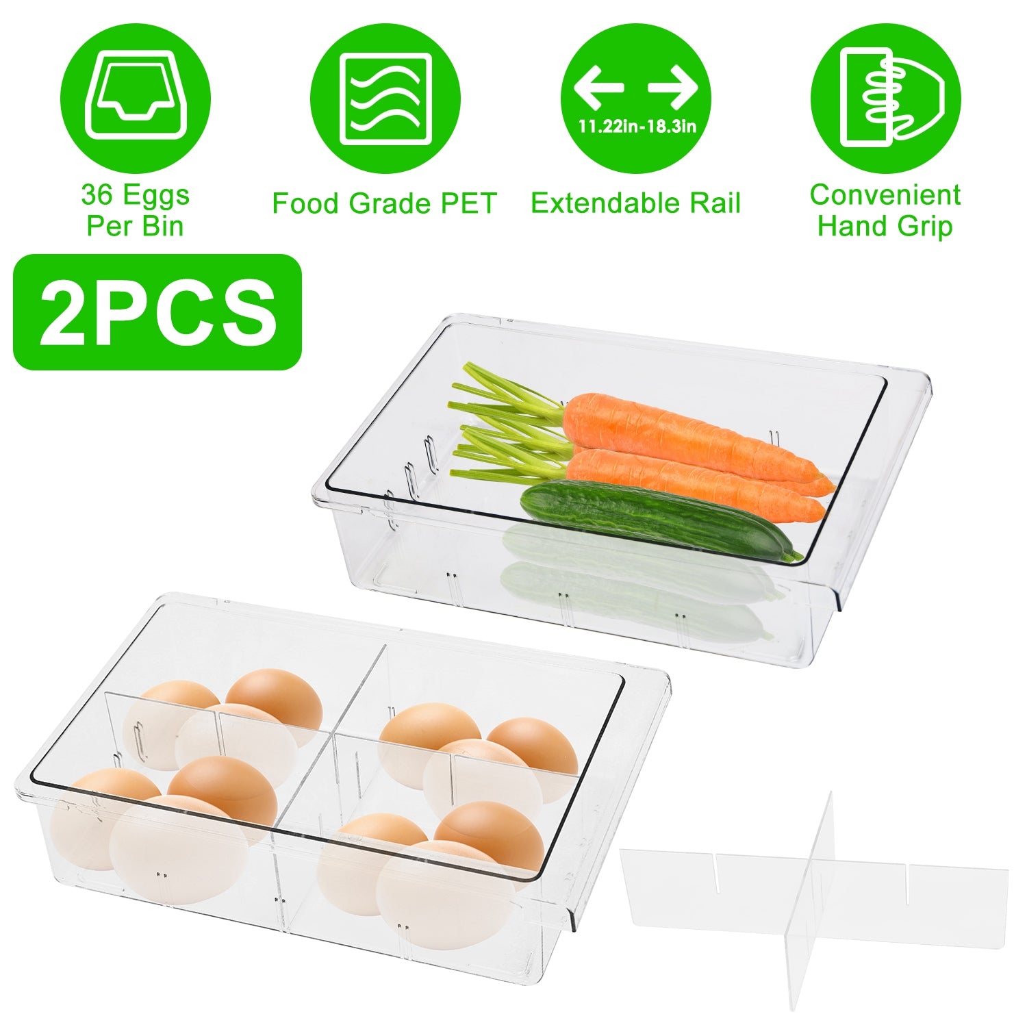 2Pcs Refrigerator Egg Drawer 36 Egg Capacity Snap On Hanging Storage Tray Space Saving Pull Out Egg Container Organizer 