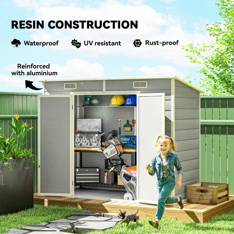 8' x 4' Resin Outdoor Storage Shed with Floor, Window, Lockable Doors and Vents for Backyard Patio Lawn, Light Grey
