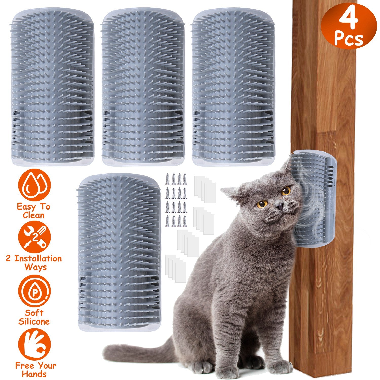 4Pcs Cat Self Groomer Soft Silicone Wall Corner Scratcher Pet Grooming Hair Brush Comb Massage Tool Kitten Indoor Long Short Fur