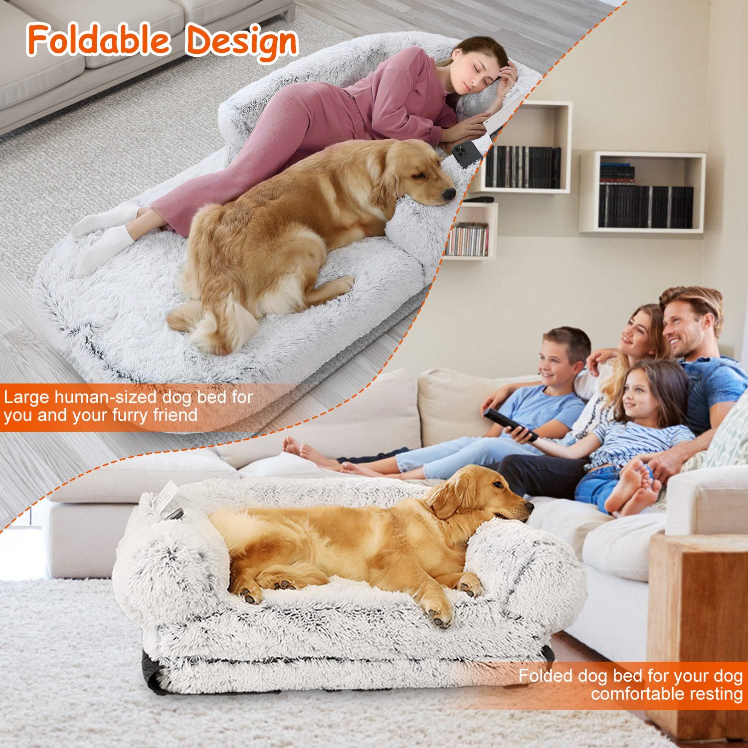 Large Foldable Human Size Dog Bed With Pillow Blanket Flurry Plush Napping Human-Sized Dog Bed Machine Washable Zipped Removable Cover For Pets Kids A