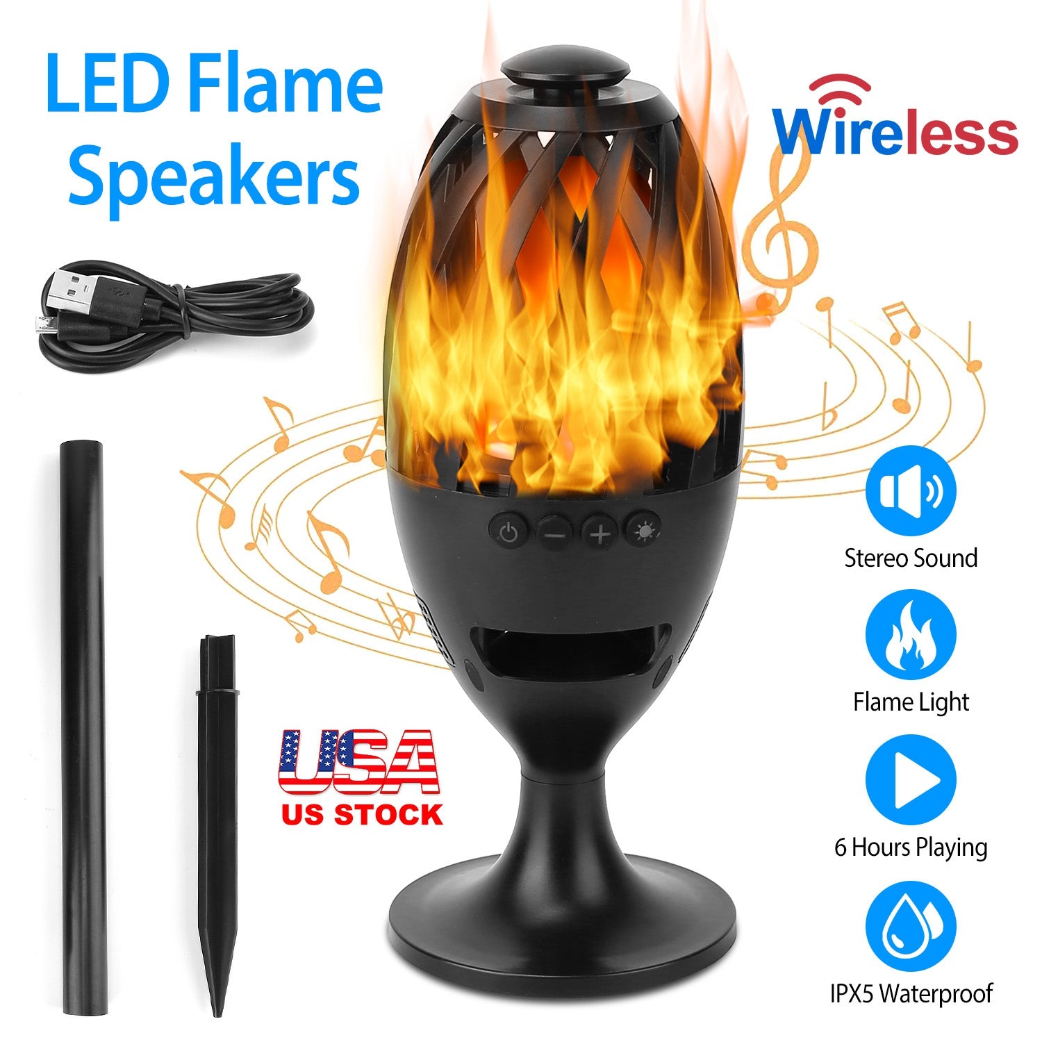 LED Flame Speakers Torch Wireless Speaker Waterproof Stereo Bass Speaker Outdoor Light-Up Speaker Atmosphere LED Flickers Night Light Patio Stake Ligh