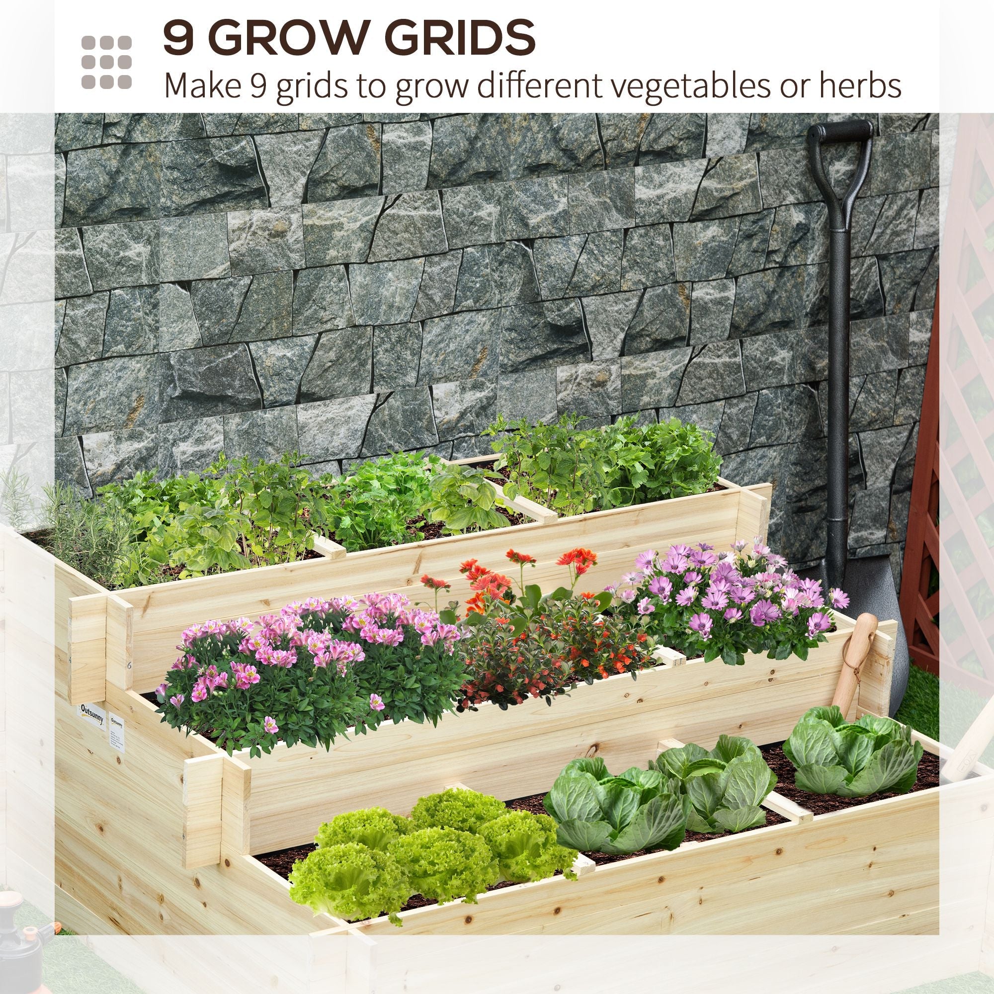 Outsunny 3 Tier Raised Garden Bed with 9 Grow Grids and Bed Liner for Garden, Outdoor to Vegetables, Flowers, Natural 