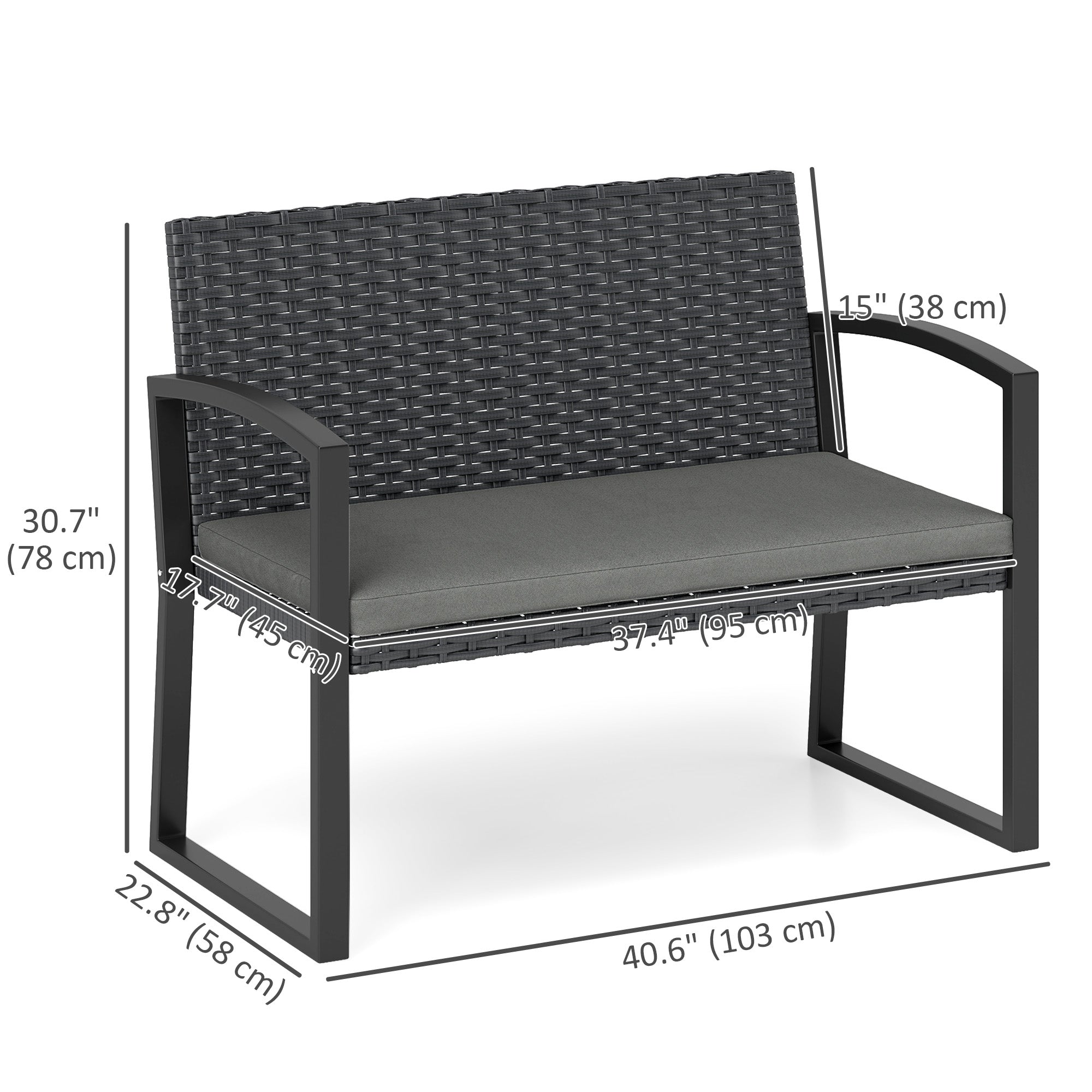 Outsunny 2 Seater Outdoor Bench, Rattan Garden Bench Loveseat with Cushion, Armrests, Steel Frame for Patio, Porch, Light Grey 