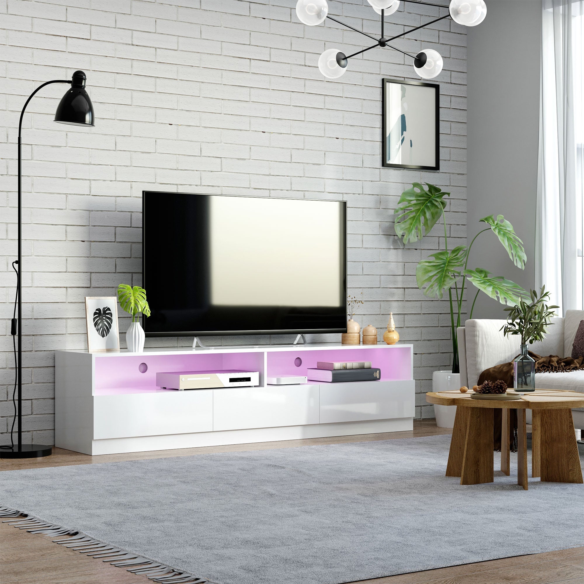 HOMCOM LED TV Cabinet: 71" High Gloss, Modern Storage Unit, Entertainment Center, White 