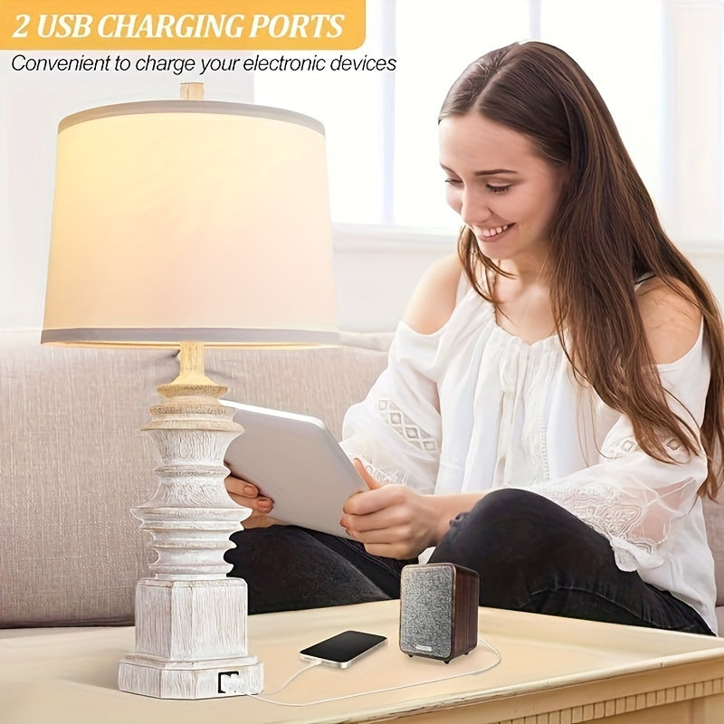 Set of 2 Bedside Table Lamps – Farmhouse Style with Dual USB Ports, White Fabric Shade & 3-Color Mode Bulbs – Perfect for Nightstands, Bedrooms, or Living Rooms 