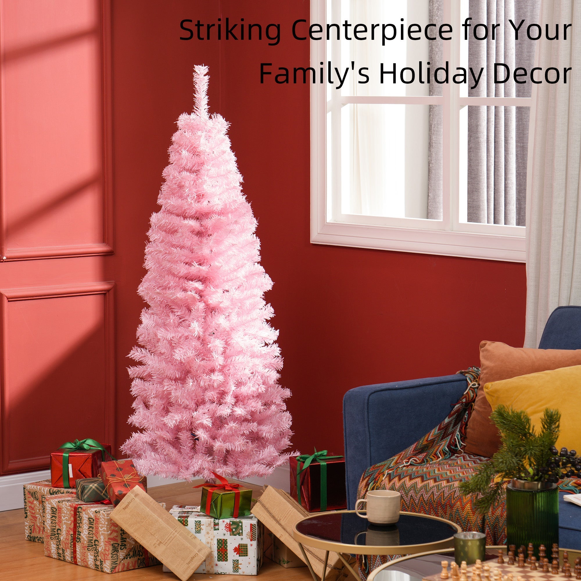 HOMCOM 5FT Pencil Christmas Tree, Artificial Christmas Tree with Automatic Open for Home Party, Pink 