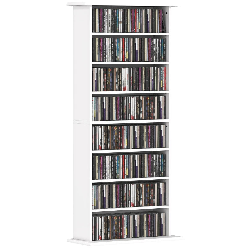 8-Tier DVD Shelf with 6 Adjustable Shelves, Slim CD Shelf, Holds 360 CDs, 185 DVDs or 185 Blu-rays, White