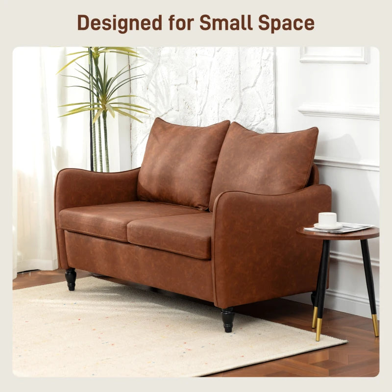 55" Loveseat Sofa, Small 2 Seater Couch with Solid Wood Legs, Modern PU Leather Upholstered Sofa for Small Spaces, Brown