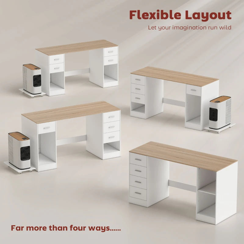 Office Desk, 55" Computer Desk with 4 Reversible Drawers, Mobile PC Stand, Adjustable Shelf, White Wood Grain