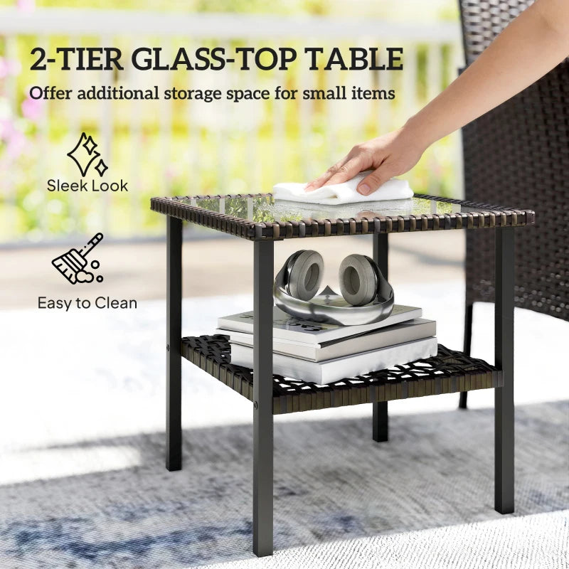 Wicker Bistro Set, 3 Piece Patio Furniture Set with 2-Tier Glass Top Table, Cushions for Balcony, Porch, Khaki