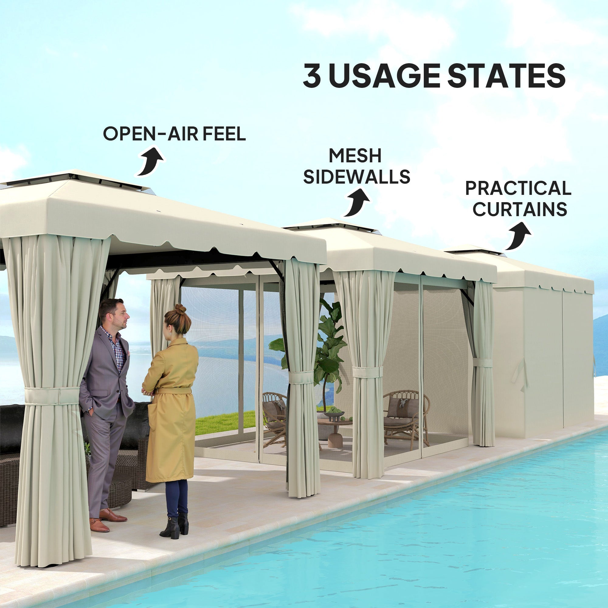 Outsunny 10' x 10' Outdoor Patio Gazebo Double Soft-top Garden Shelter Tent with Curtains, & Mesh Screen Drapes, Cream White 
