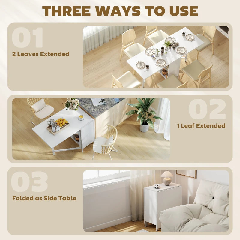 Multi-use Foldable Table with Hideaway Shelves, Drop Leaf Table for Kitchen, Dining, Study and Office, White
