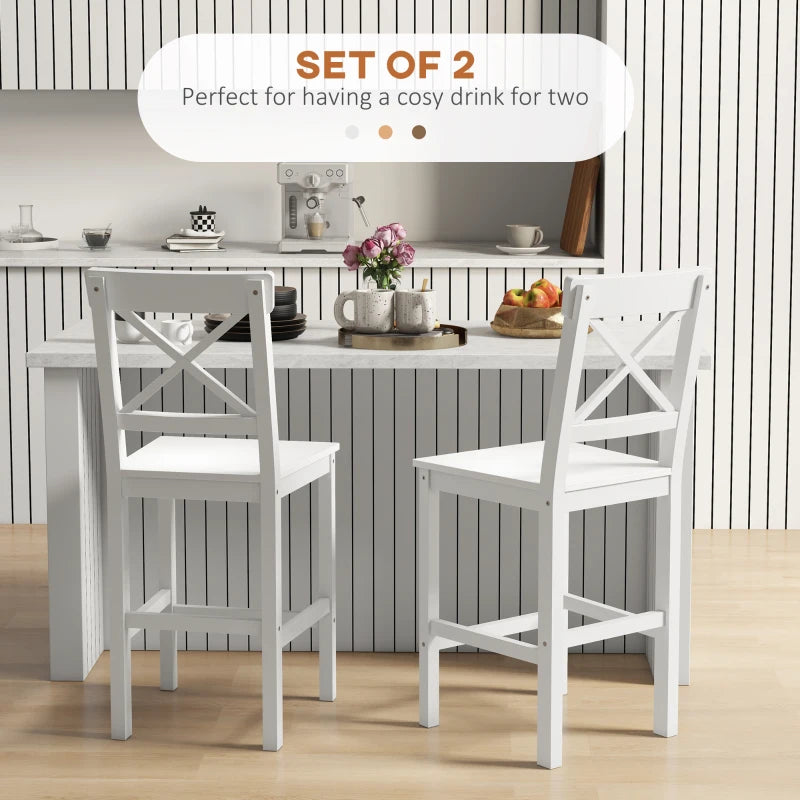Counter Height Stools Set of 2, Farmhouse Bar Stools with Backs, Solid Wood Counter Stools for Kitchen Island White