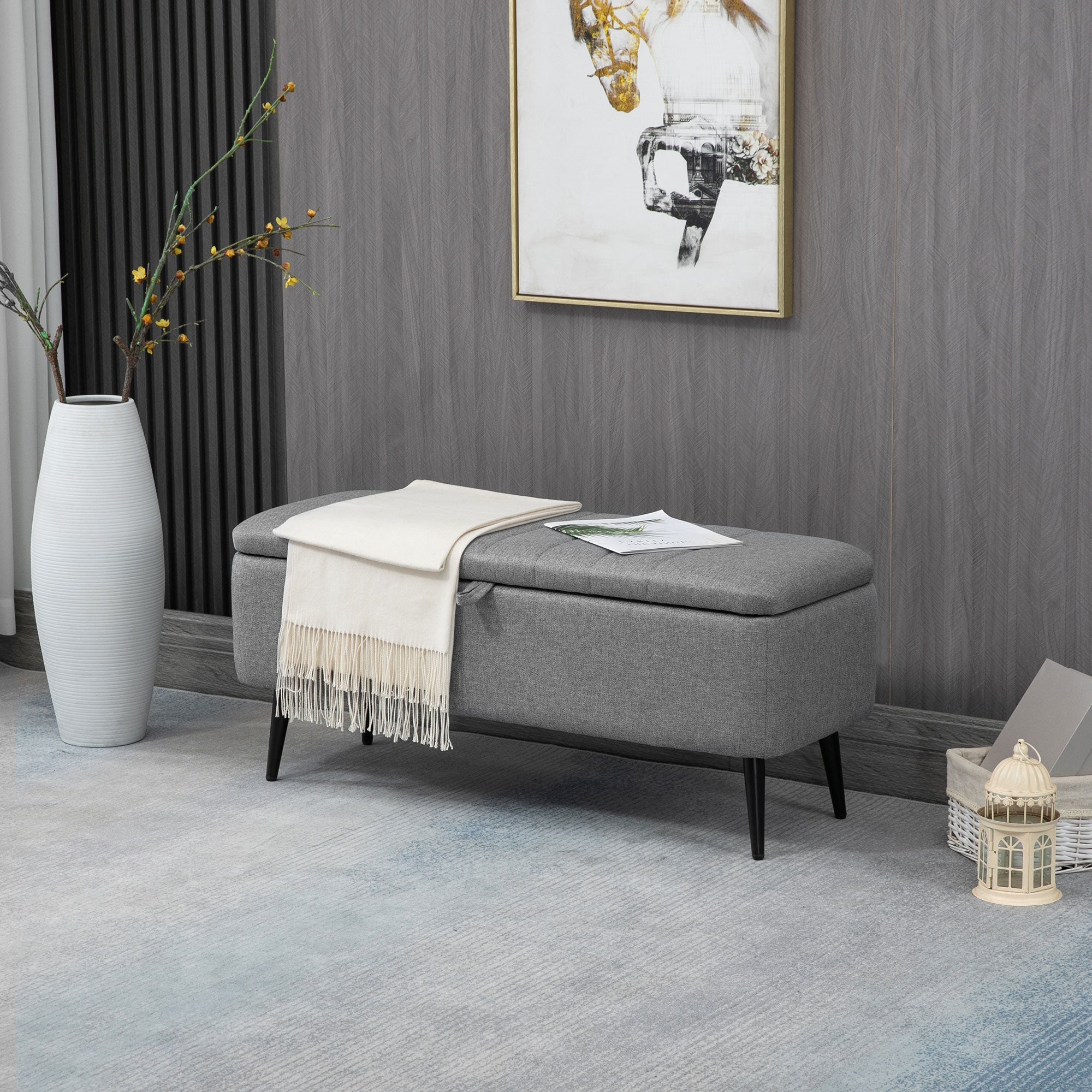 HOMCOM Linen Upholstered Ottoman: 40" Storage Bench with Sturdy Steel Legs for Living Spaces 