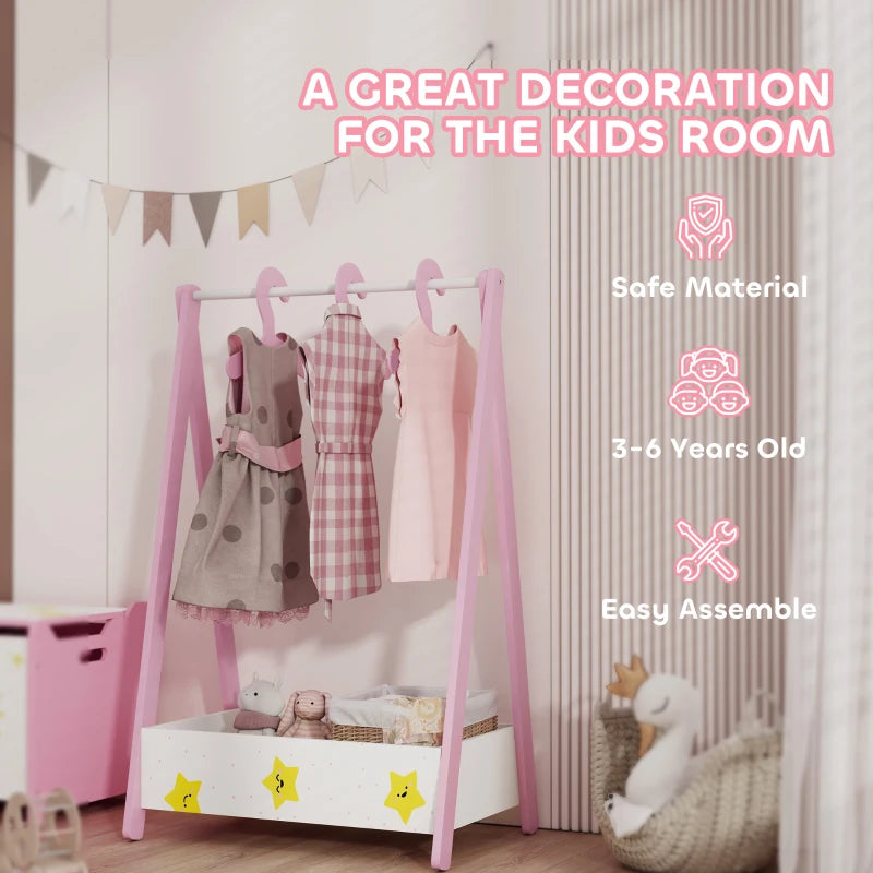 Qaba Kids Clothing Rack with Storage Shelf, Hangers, for Nursery Room, Living Room, Playroom, Pink