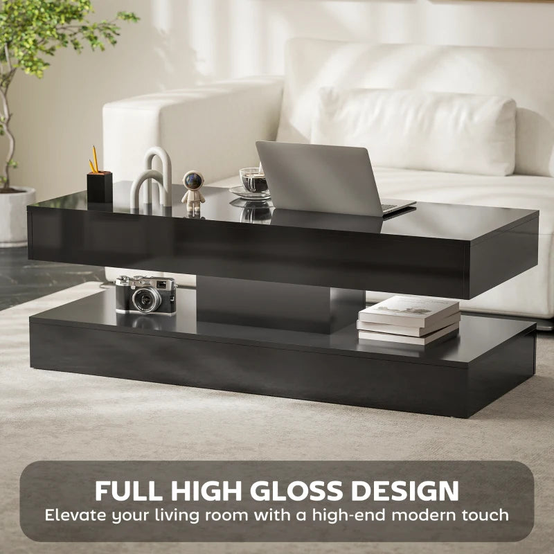 Coffee Table with Adjustable LED Lights, Modern Living Room Table with 2 Drawers, Open Shelf, Remote, High Gloss Black