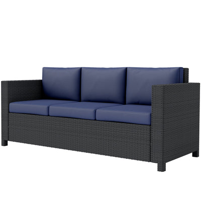 Outsunny Deluxe 3 Seat Rattan Wicker Sofa Garden Outdoor Patio Furniture with Cushion, Navy Blue 
