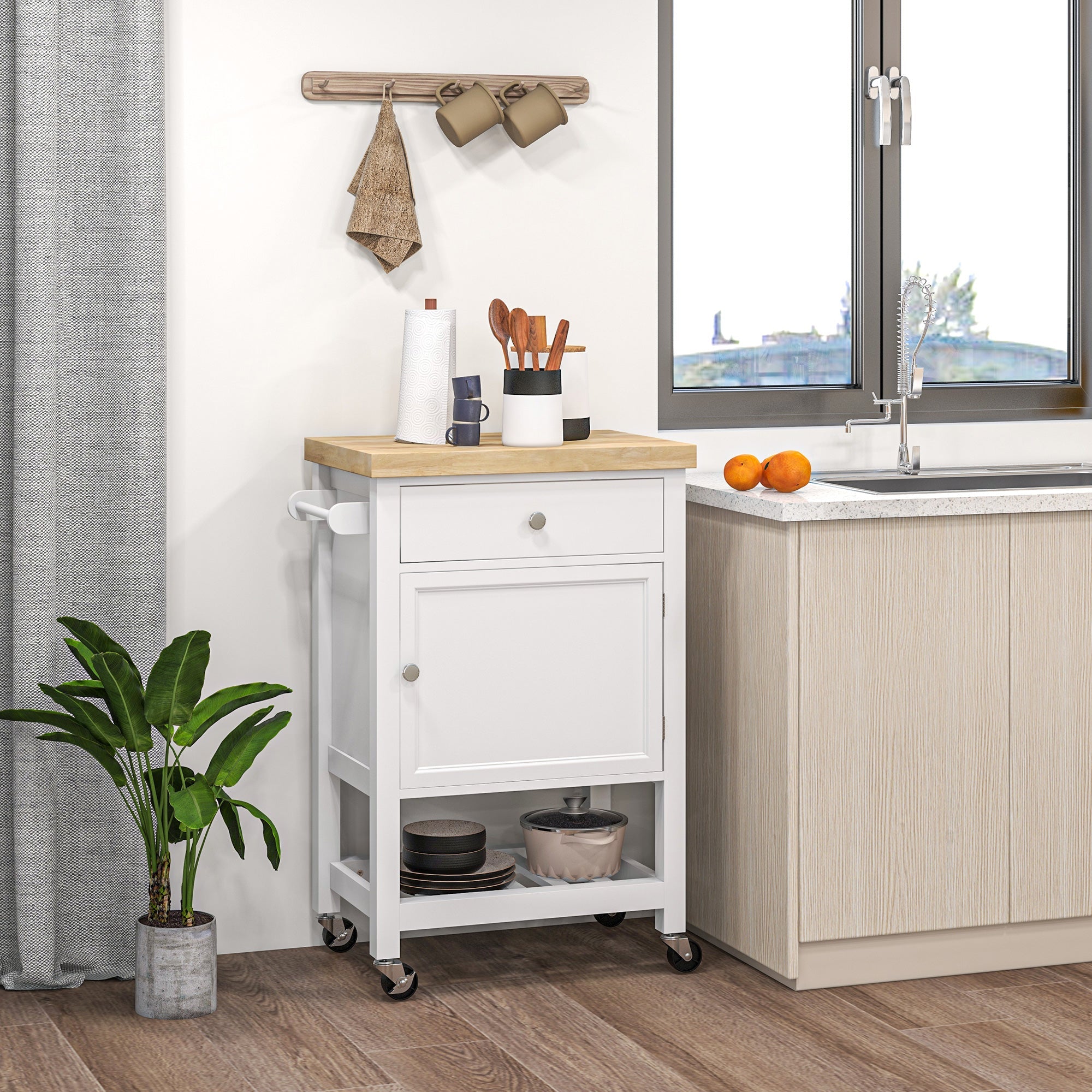 HOMCOM Rolling Kitchen Cart Island on Wheels with Wood Top Storage Drawer Shelf Towel Rack Dining Area 