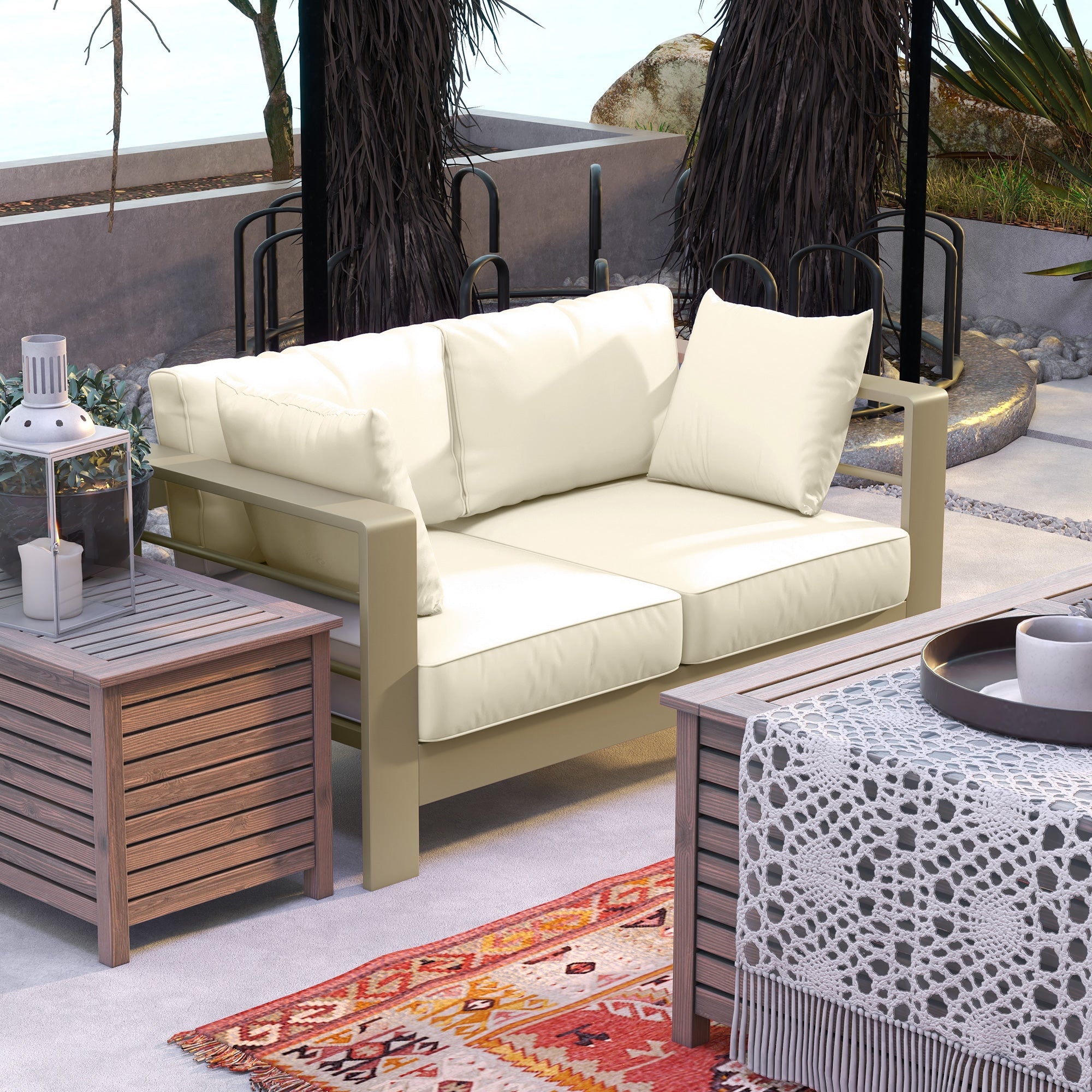 Outsunny Patio Loveseat Outdoor 2-Seater Garden Sofa with Cushions Wide Armrests Cream White 
