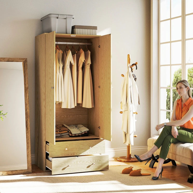 Modern Wardrobe Closet Armoire with 2 Drawers and Hanging Rod, Clothes Storage Organizer for Bedroom, Natural Wood