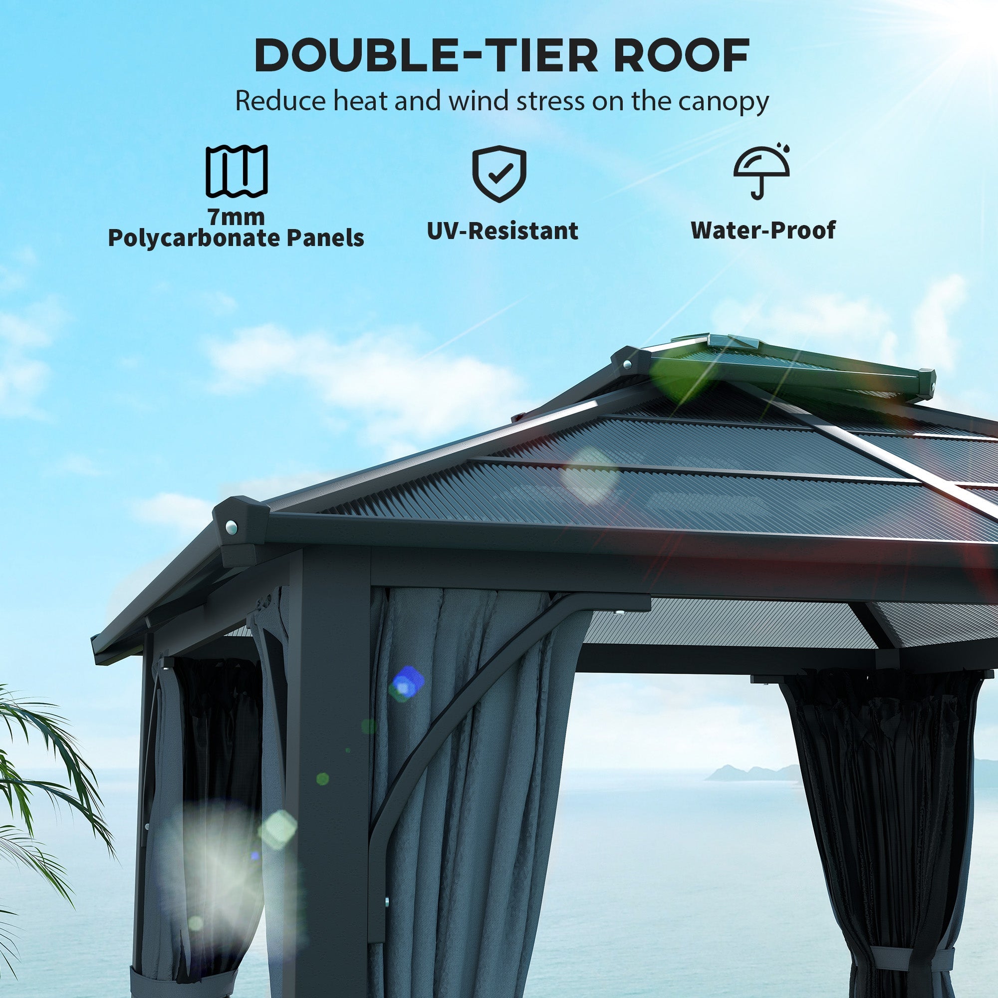 Outsunny 10' x 10' Hardtop Gazebo with 7mm Double Polycarbonate Roof, Outdoor Gazebo with Netting and Curtains 