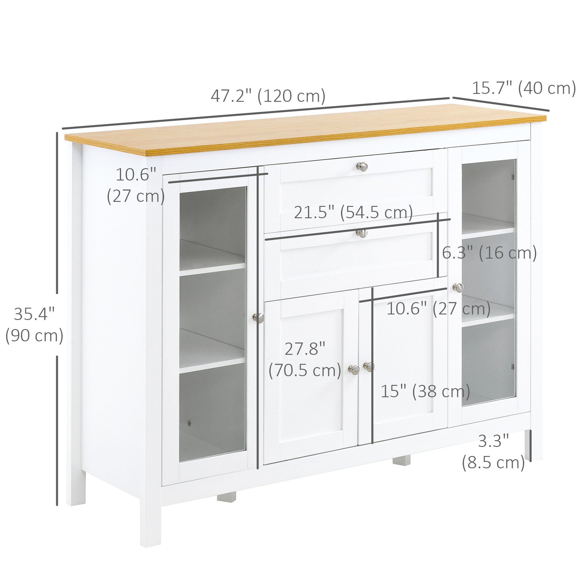 HOMCOM Oak and White Buffet Cabinet: Modern Sideboard with Glass Door Storage Cupboard and Adjustable Shelves for Kitchen, Living Room 