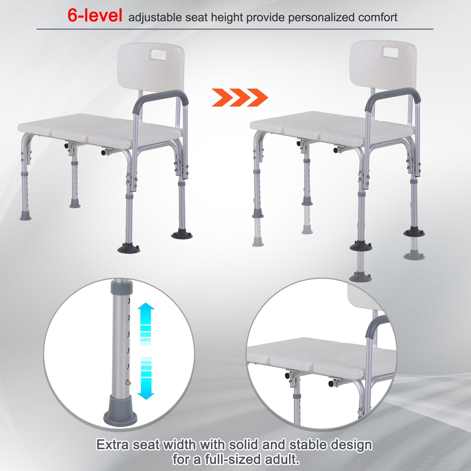 HOMCOM 6-Level Adjustable Bath and Shower Transfer Bench Aluminum Chair with Non-Slip Feet, Armrest & Backrest, White 