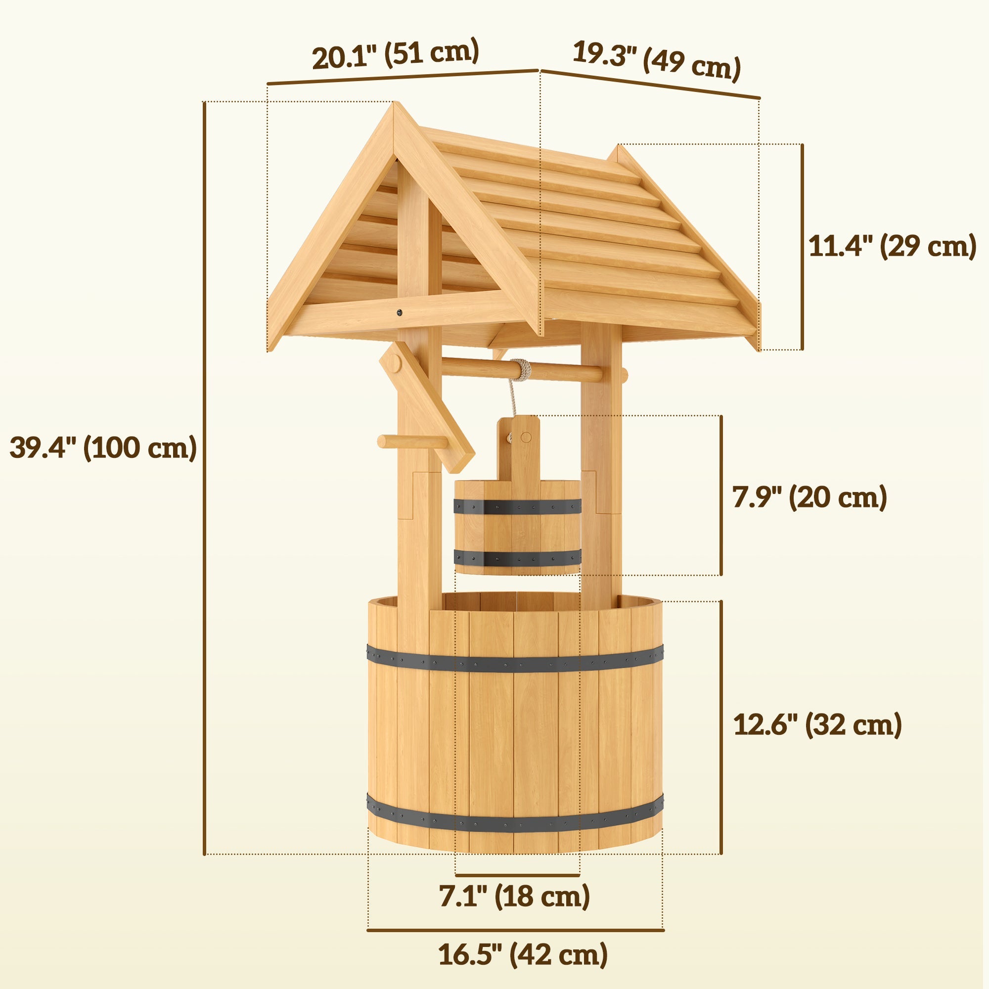 Outsunny Wood Wishing Well Outdoor Wooden Planter with Hanging Bucket and Drainage Hole for Garden, Patio, Backyard, Orange 