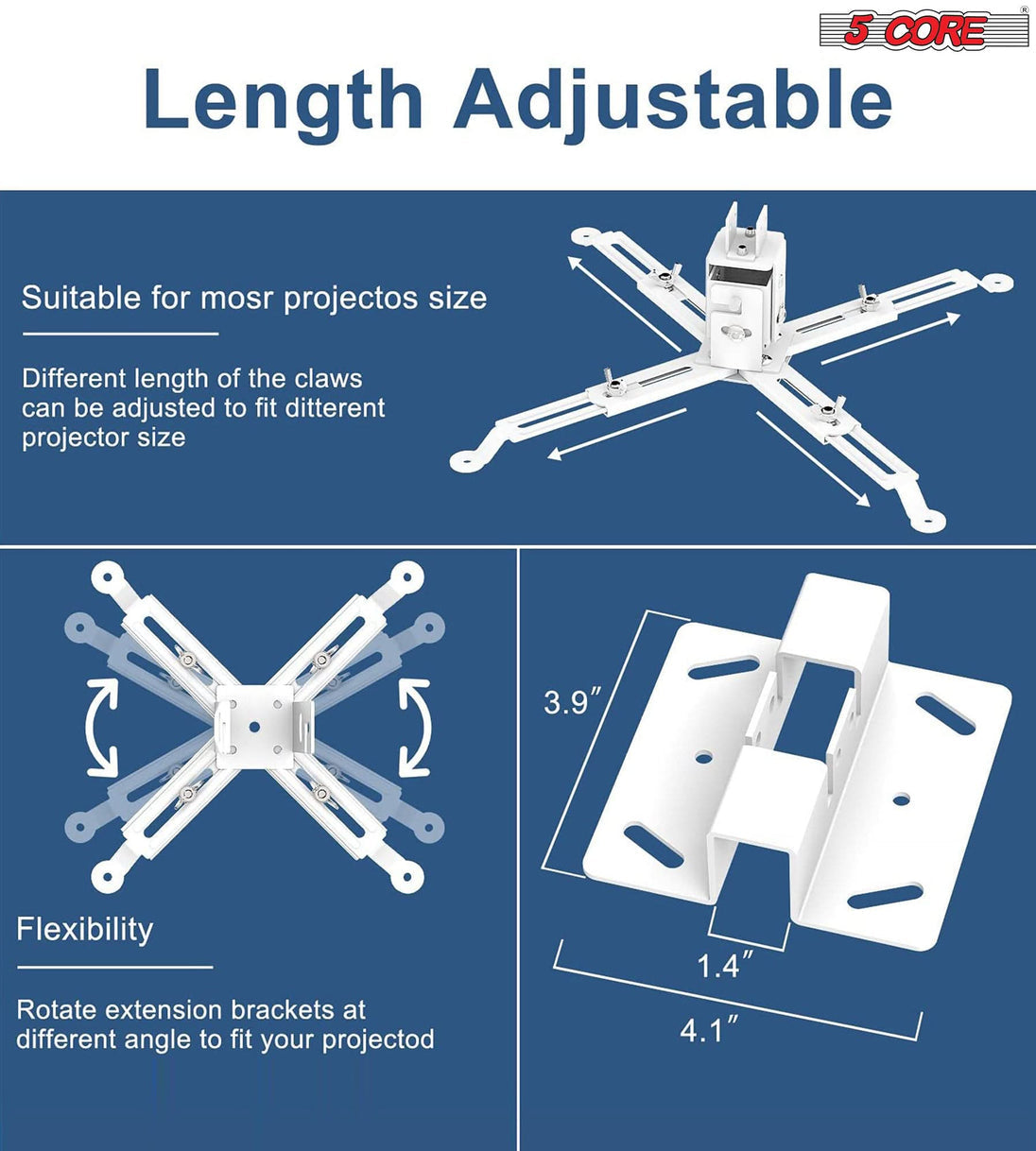 5Core Projector Mount Ceiling Wall Universal Holder Adjustable Low Profile Capacity 40lb WHITE