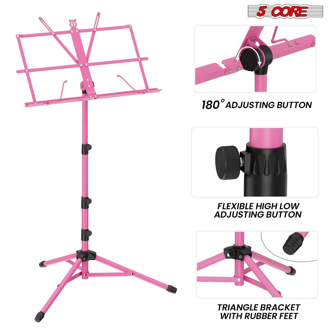 5Core Music Stand For Sheet Music Portable Tripod Adjustable Folding Note Holder Higher PINK