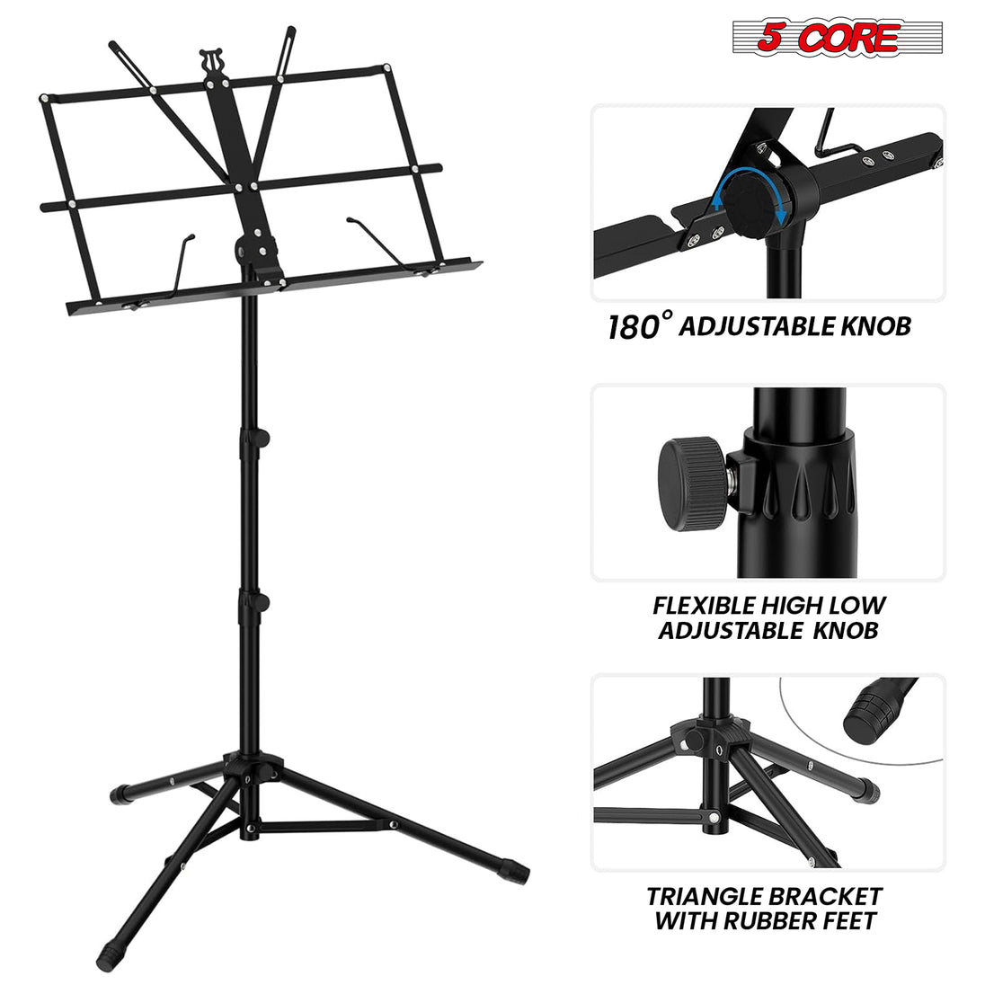 5Core Portable Music Stand for Sheet Music Adjustable Tripod Folding Note Holder Black