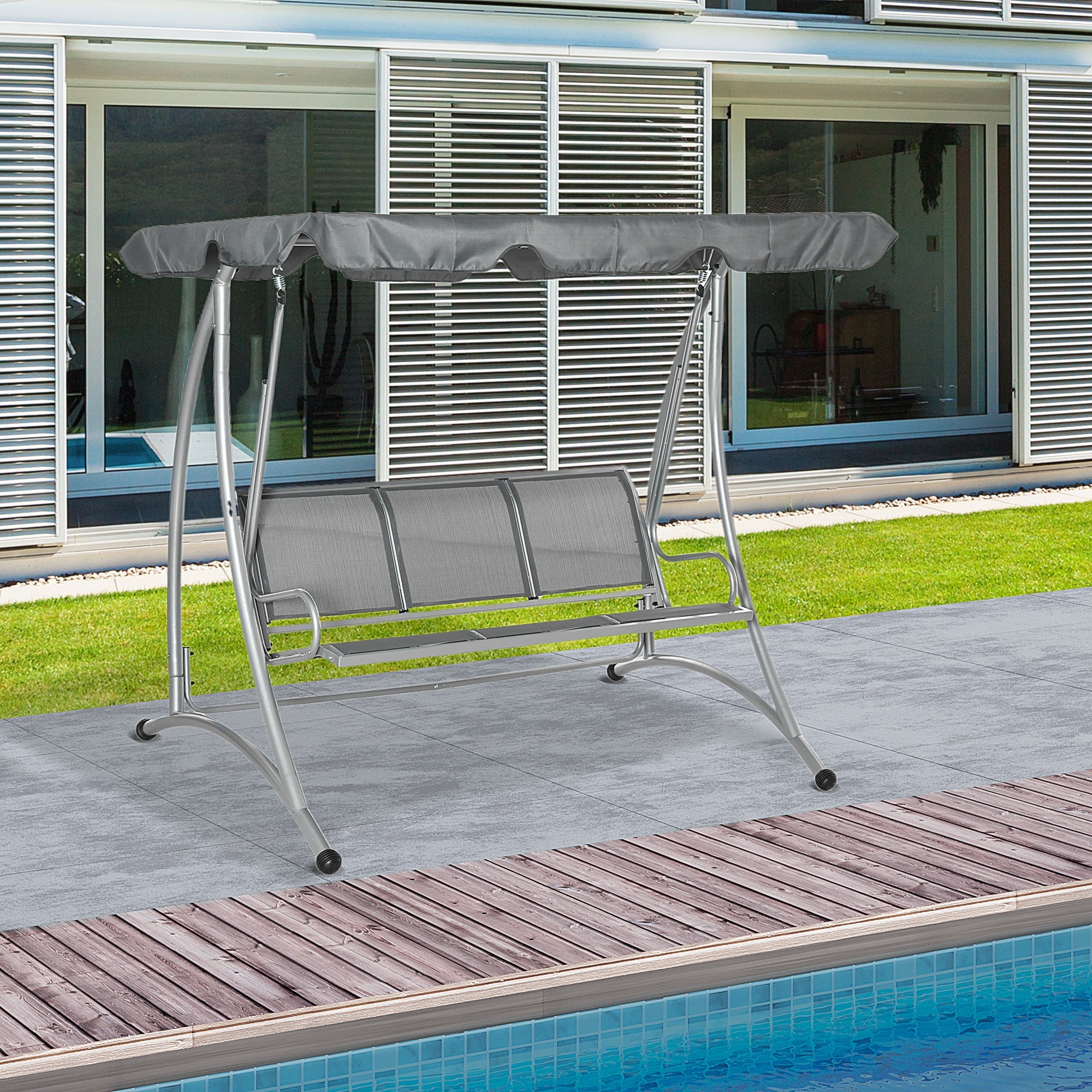 Outsunny 3 Person Patio Swing Seats with Adjustable Canopy Outdoor Swing Chair Bench for Garden, Poolside, Dark Grey 