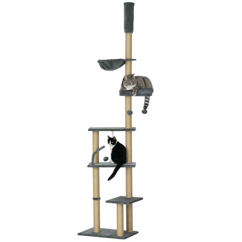 Floor to Ceiling Cat Tree, 90.5" - 98.5" Cat Tower with Scratching Post, Dangling Balls, Platforms, Bed, Hammock, Grey