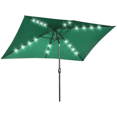 Outsunny Patio Umbrella: 6.5x10ft Rectangular Solar Powered LED Lights Aluminum Tilt Crank Dark Green 