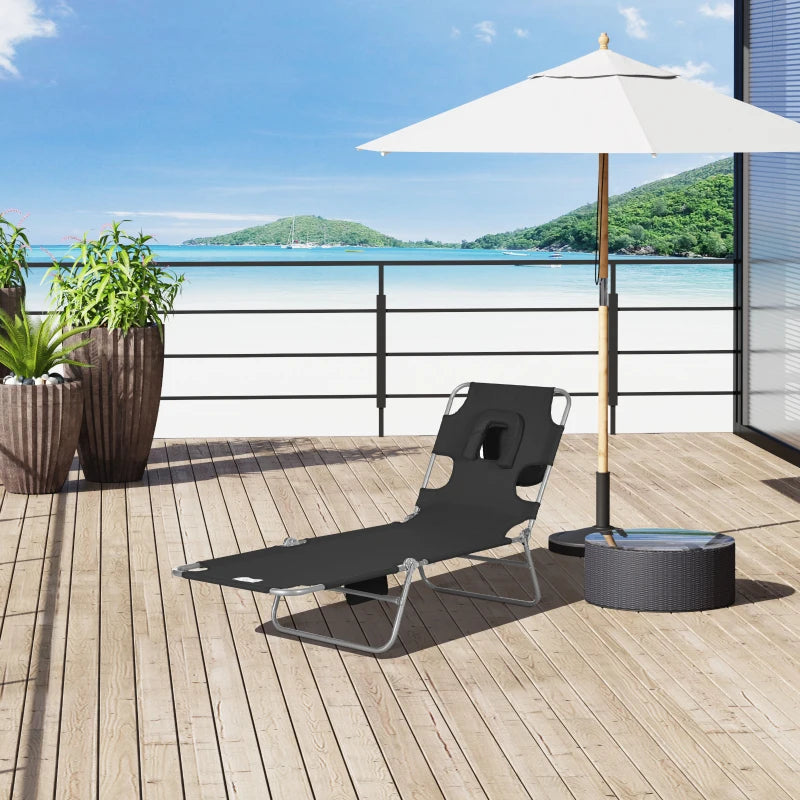 Folding Outdoor Lounge Chair, 5-Level Tanning Chair with Face Hole, Side Pocket, Carry Strap for Beach Pool, Black