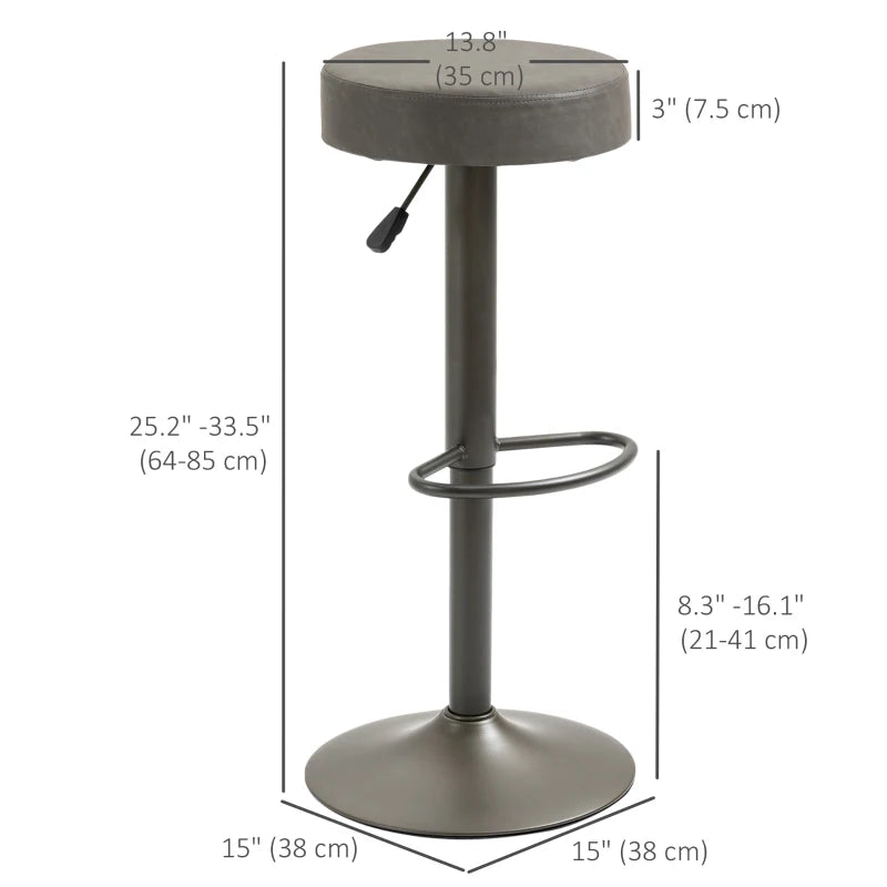Modern Adjustable Bar Stools Set of 2, Swivel Barstool with Footrest, PU Leather Round Top for Kitchen, Dark Grey