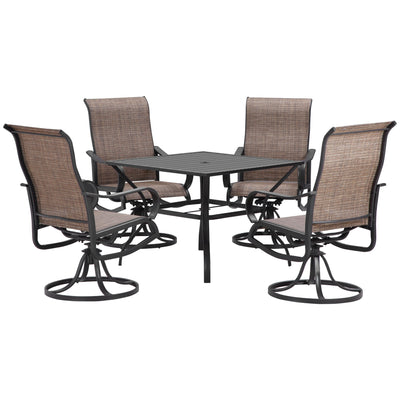 Outsunny Outdoor Dining Set 5-Piece with 4 Swivel Rocker Chairs and 37"x37" Table Brown Patio Furniture with Umbrella Hole 