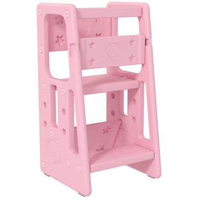 Qaba Toddler Kitchen Helper 2 Step Stool with Adjustable Height Platform and Safety Rail, Pink 